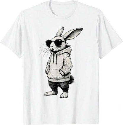 Men's Graphic T-Shirt Cool Urban Bunny Wearing Dark Sunglasses And A Casual Streetwear Hoodie Rabbit