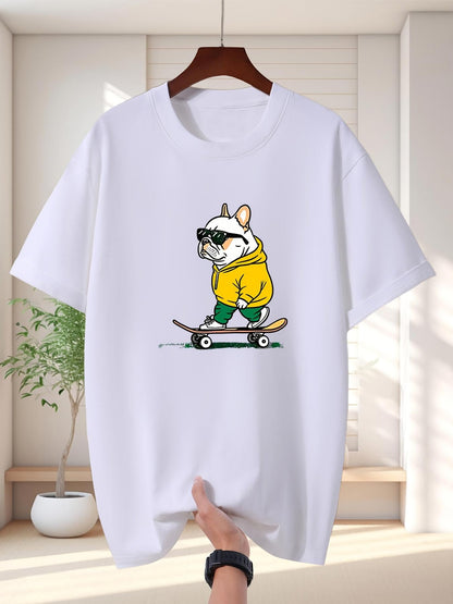 Men's Graphic T-Shirt Cool French Bulldog Wearing Yellow Hoodie And Sunglasses Riding Skateboard Dog