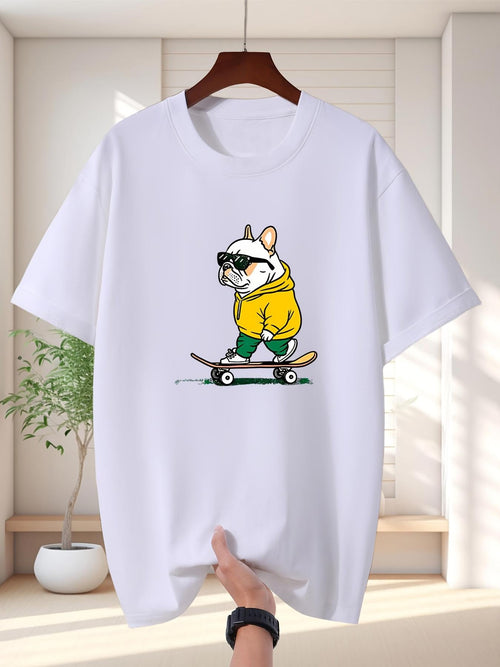 Men's Graphic T-Shirt Cool French Bulldog Wearing Yellow Hoodie And Sunglasses Riding Skateboard Dog