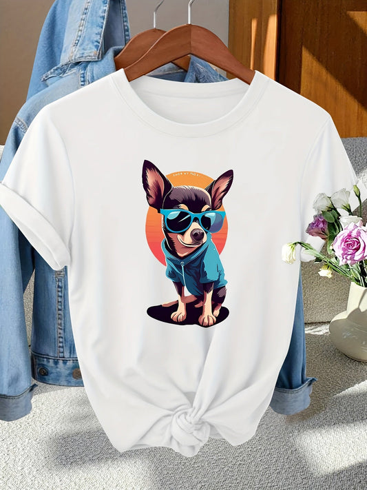 Women's Graphic T-Shirt Cool Cartoon Pet Wearing Blue Sunglasses And Hoodie In Front Of Sun Chihuahua