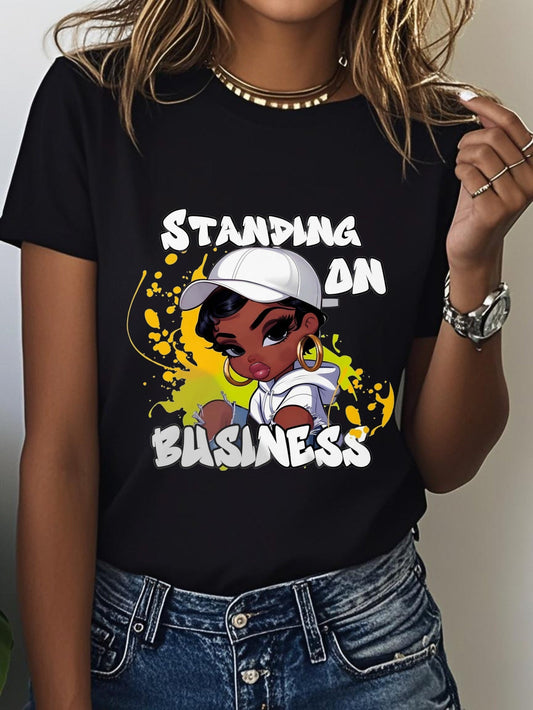 Women's Graphic T-Shirt Standing On Business Cartoon Girl Wearing White Cap And Hoodie With Yellow Splatter Art Girl