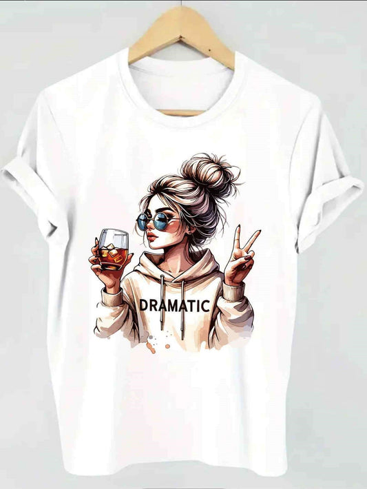 Women's Graphic T-Shirt Dramatic Stylishly Wearing Sunglasses While Holding A Drink In Cozy Hoodie Girl