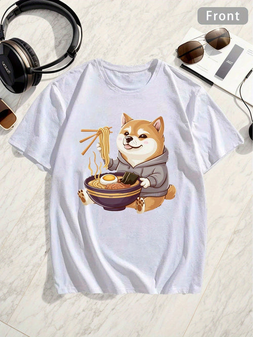 Men's Graphic T-Shirt Adorable Cartoon Shiba Inu Wearing Grey Hoodie Eating Steaming Hot Ramen Dog